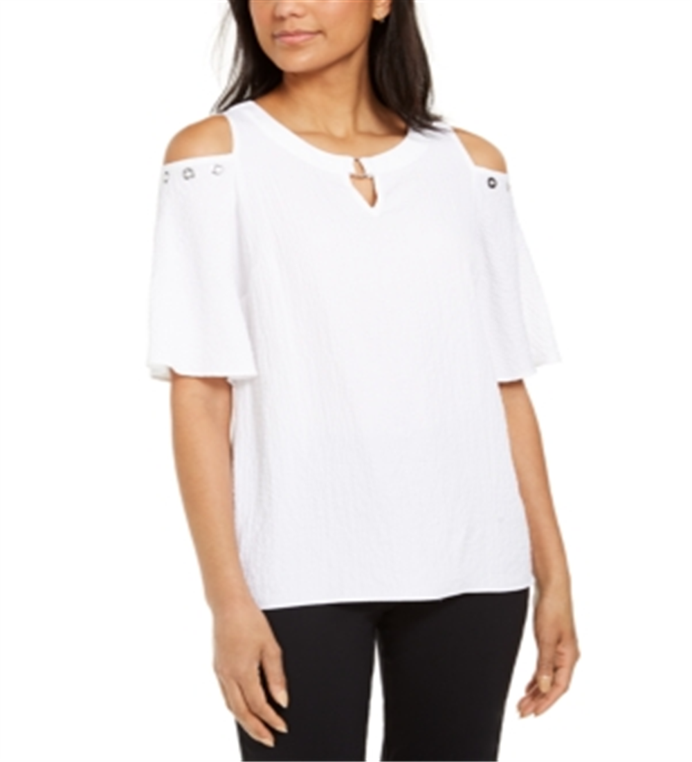 JM Collection Women's Crinkle Texture Cold Shoulder Blouse White Size S