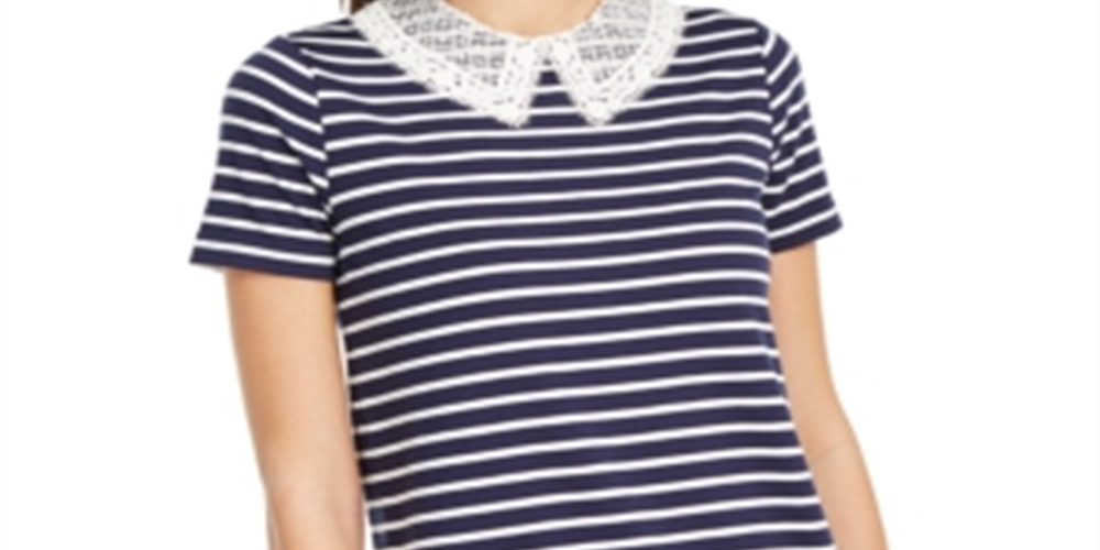 Maison Jules Women's Striped Lace Trim Pullover Top Blue Size X-Small