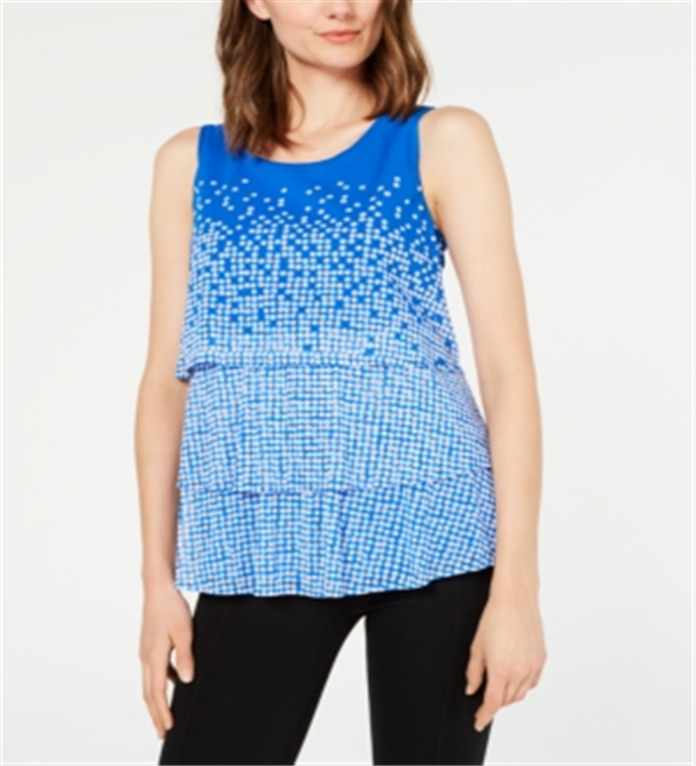 Alfani Women's Blouse Tiered Polka Dot Scoop Neck Blue Size M