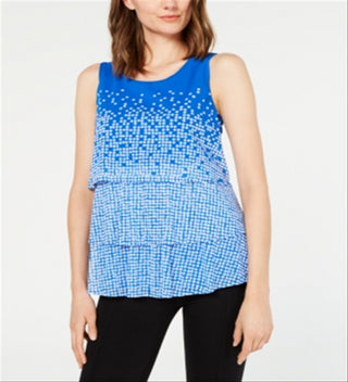 Alfani Women's Blouse Tiered Polka Dot Scoop Neck Blue Size M