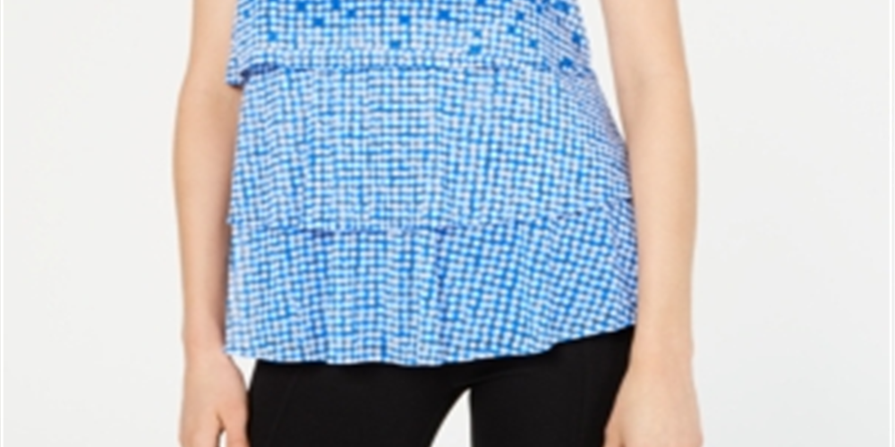 Alfani Women's Blouse Tiered Polka Dot Scoop Neck Blue Size M