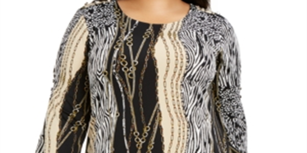 NY Collection Women's Plus Printed 3/4 Sleeve Asymmetric Top Black Size 3X