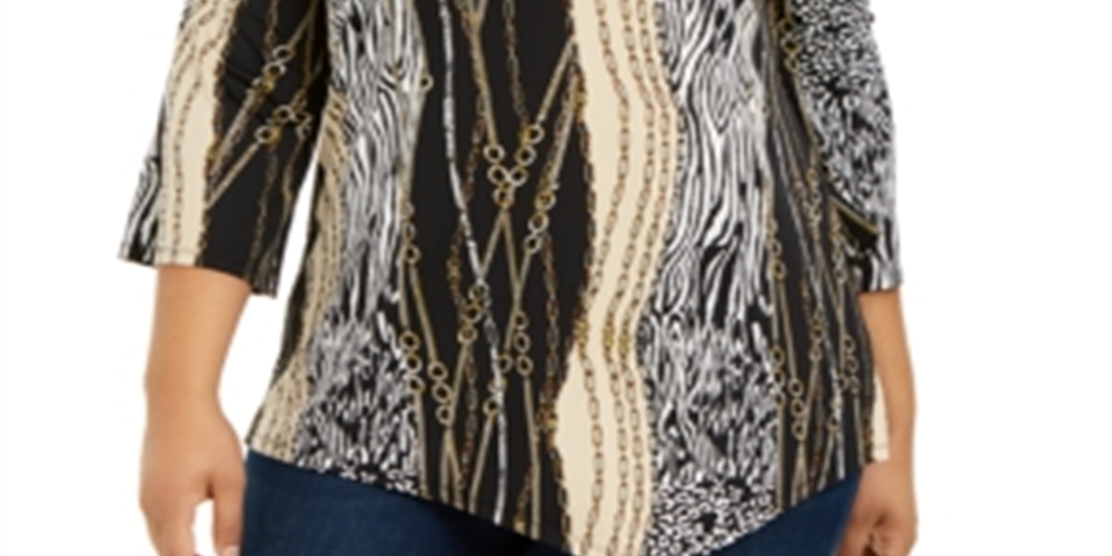 NY Collection Women's Plus Printed 3/4 Sleeve Asymmetric Top Black Size 3X