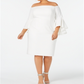 Calvin Klein Women's Zippered 3/4 Sleeve Off Shoulder Below the Knee Cocktail Sheath Dress White Size 20W