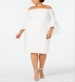 Calvin Klein Women's Zippered 3/4 Sleeve Off Shoulder Below the Knee Cocktail Sheath Dress White Size 20W