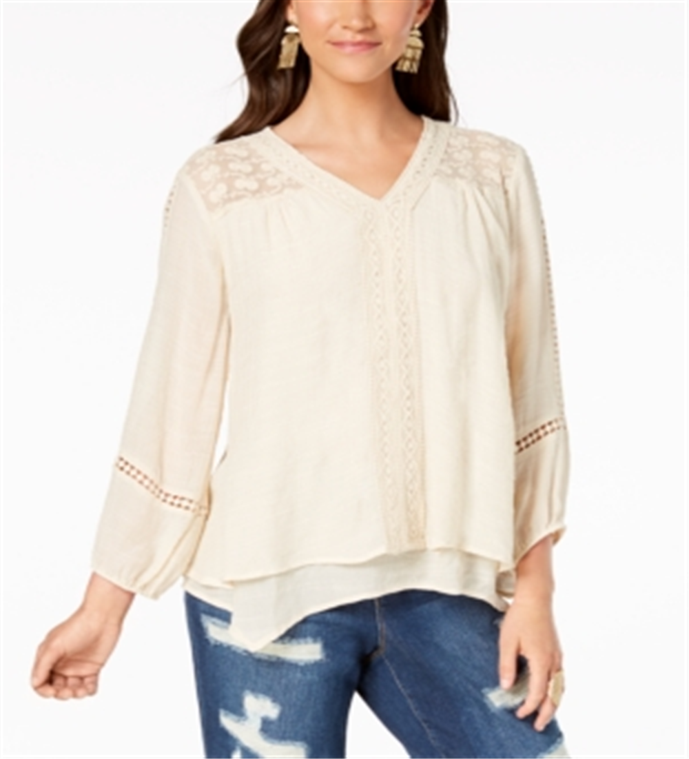 Style & Co Women's Lace Yoke Handkerchief Hem Top Beige Size Medium