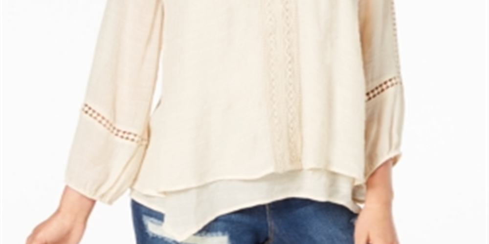 Style & Co Women's Lace Yoke Handkerchief Hem Top Beige Size Medium