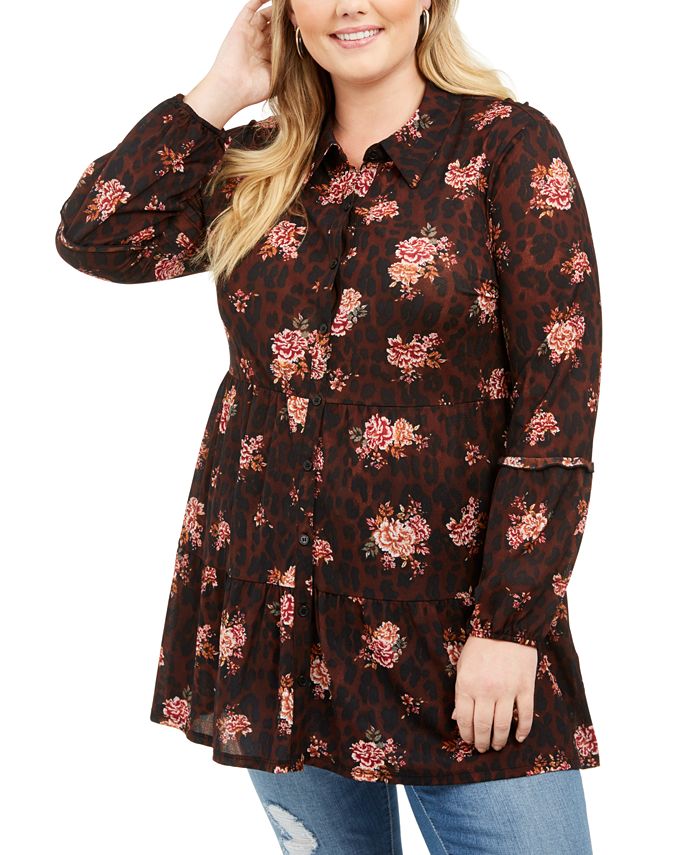 Style & Co Women's Plus Printed Long Button up Shirt Brown Size 0X