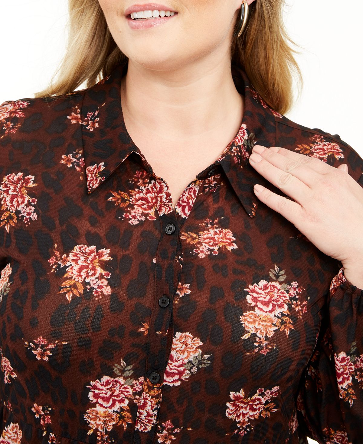 Style & Co Women's Plus Printed Long Button up Shirt Brown Size 0X