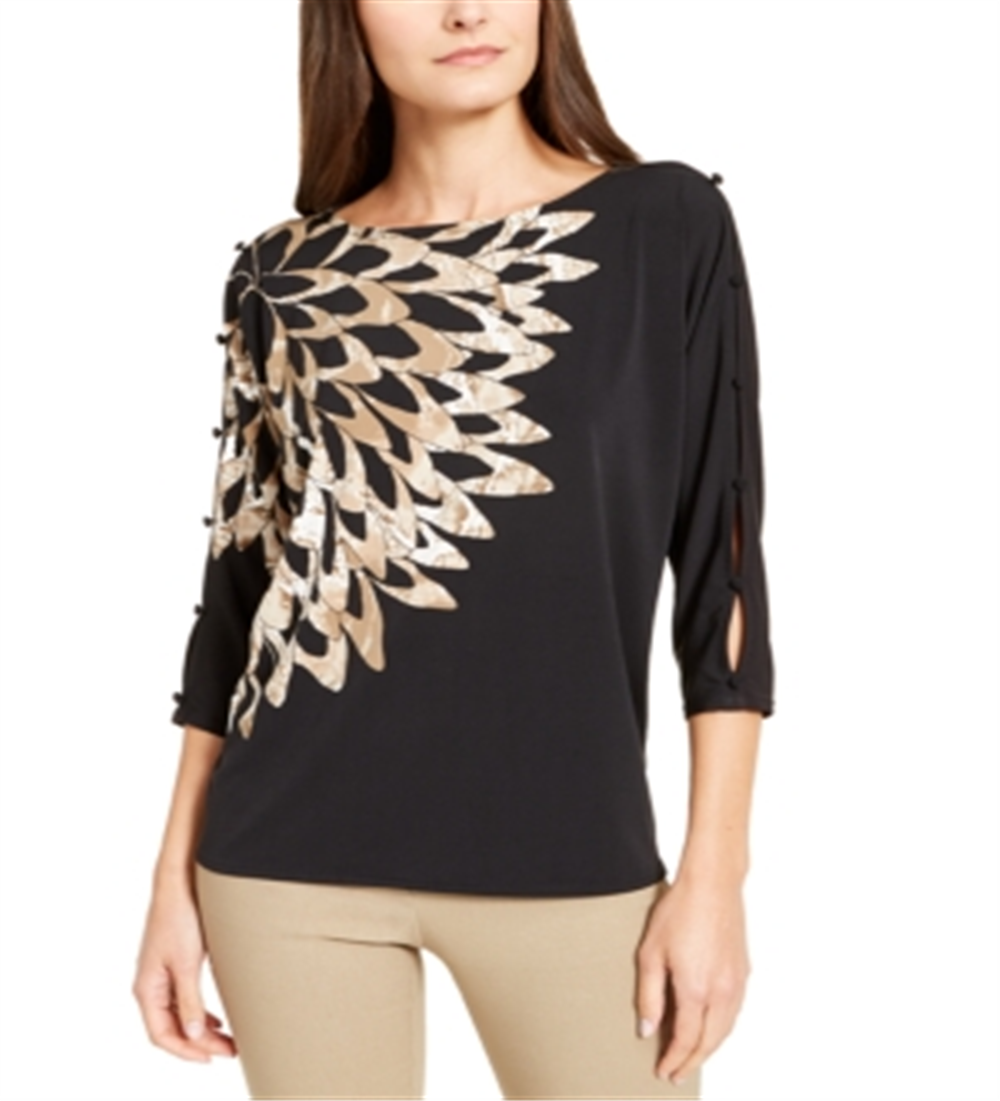 Alfani Women's Printed Button Sleeve Top Black Size Small