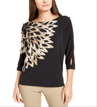 Alfani Women's Printed Button Sleeve Top Black Size Small