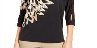 Alfani Women's Printed Button Sleeve Top Black Size Small