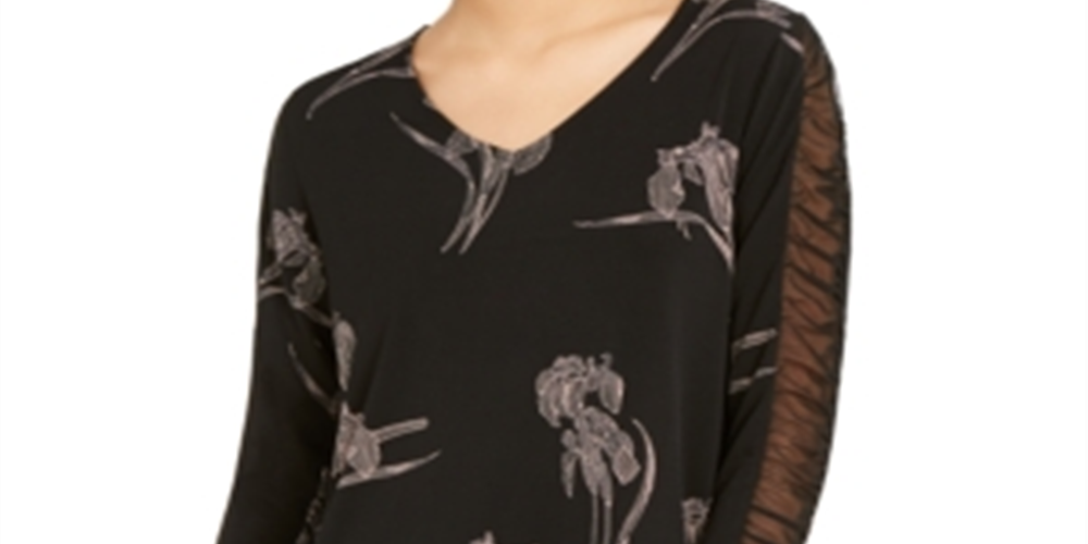 Alfani Women's Floral Print Ruched Sleeve Top Black Size Large