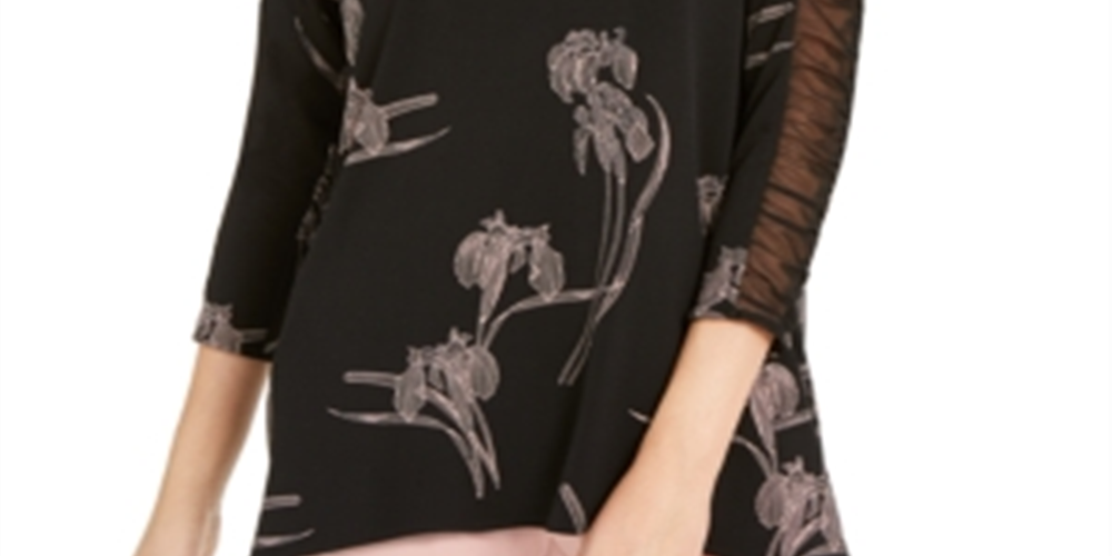 Alfani Women's Floral Print Ruched Sleeve Top Black Size Large