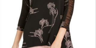 Alfani Women's Floral Print Ruched Sleeve Top Black Size Large