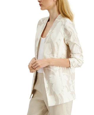 Alfani Women's Floral Print 3/4 Sleeve Blazer Beige Size Large