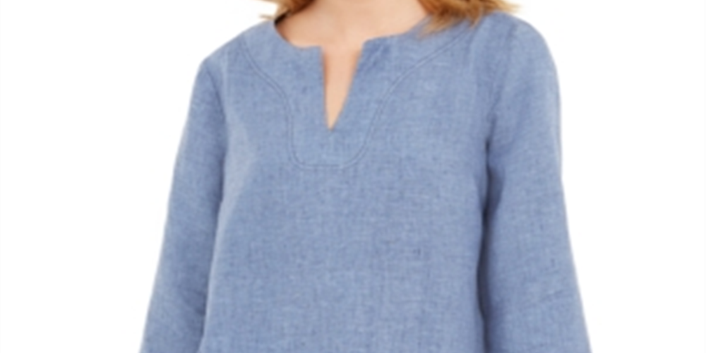 Charter Club Women's Frayed Hem Linen Top Blue Size Small