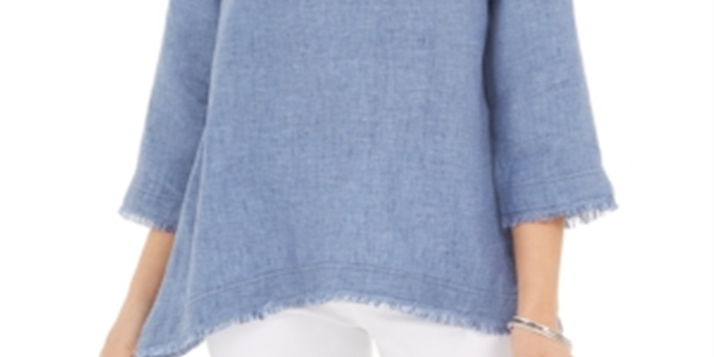 Charter Club Women's Frayed Hem Linen Top Blue Size Small
