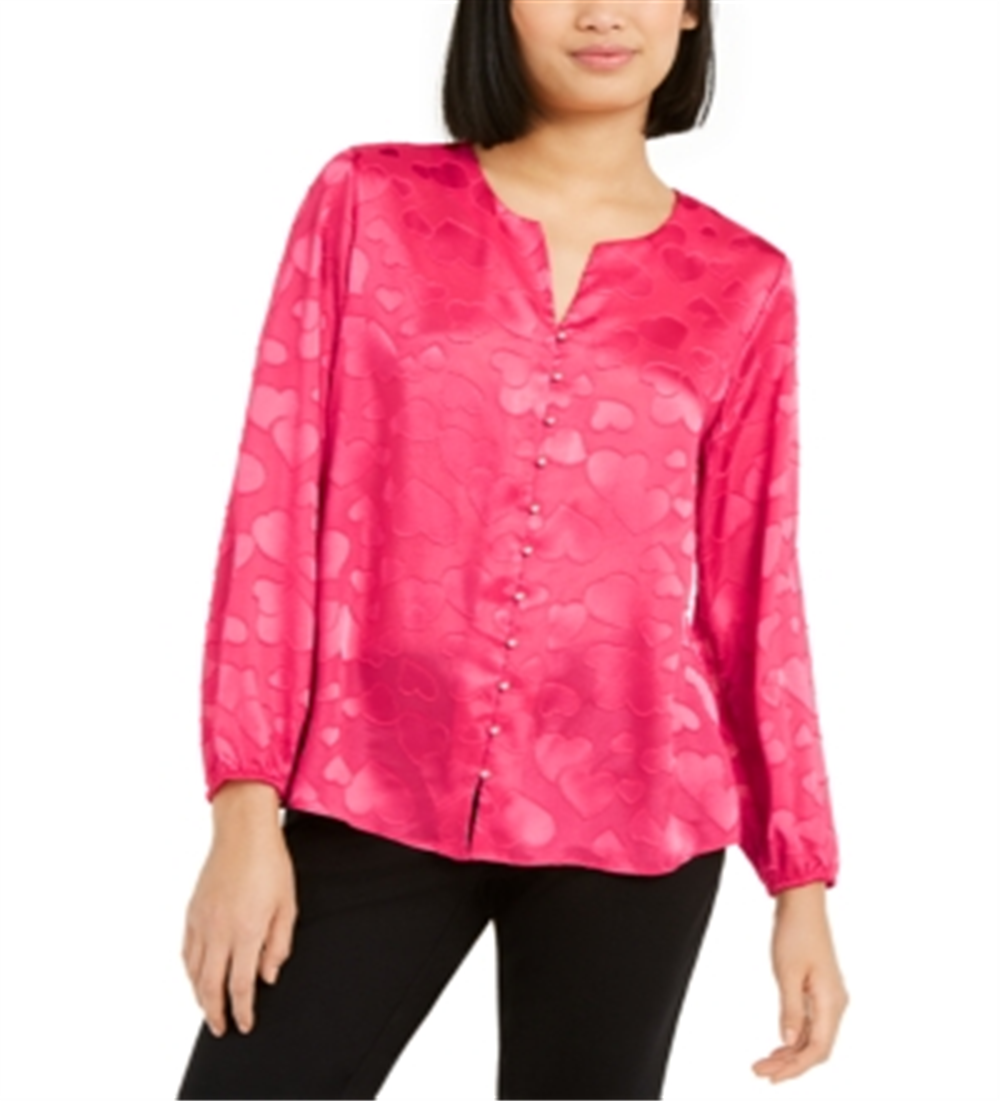 Alfani Women's Heart-Print Faux-Pearl Button Blouse Red Size Small