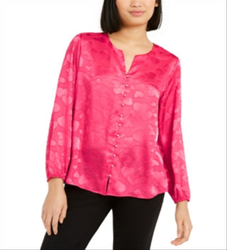 Alfani Women's Heart-Print Faux-Pearl Button Blouse Red Size Small