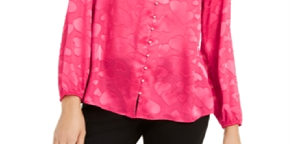Alfani Women's Heart-Print Faux-Pearl Button Blouse Red Size Small