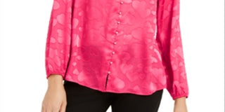 Alfani Women's Heart-Print Faux-Pearl Button Blouse Red Size Small