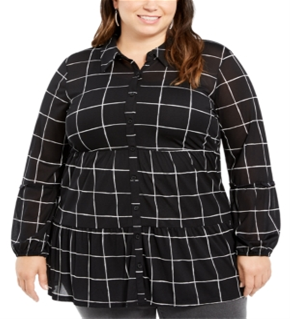 Style & Co Women's Plus Floral Print Tiered Blouse Black Size 0X