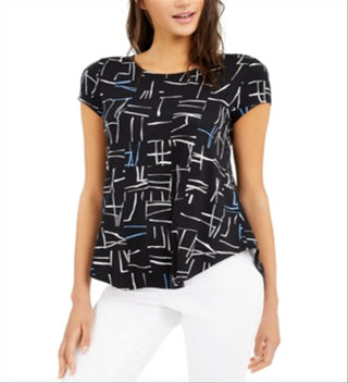 Alfani Womens Printed Short Sleeve Multi Small Knit Top Black Size Small
