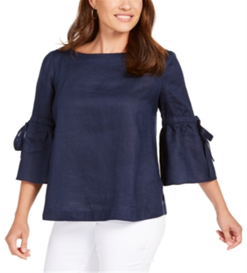 Charter Club Women's Linen Lantern Sleeve Top Blue Size Petite Small