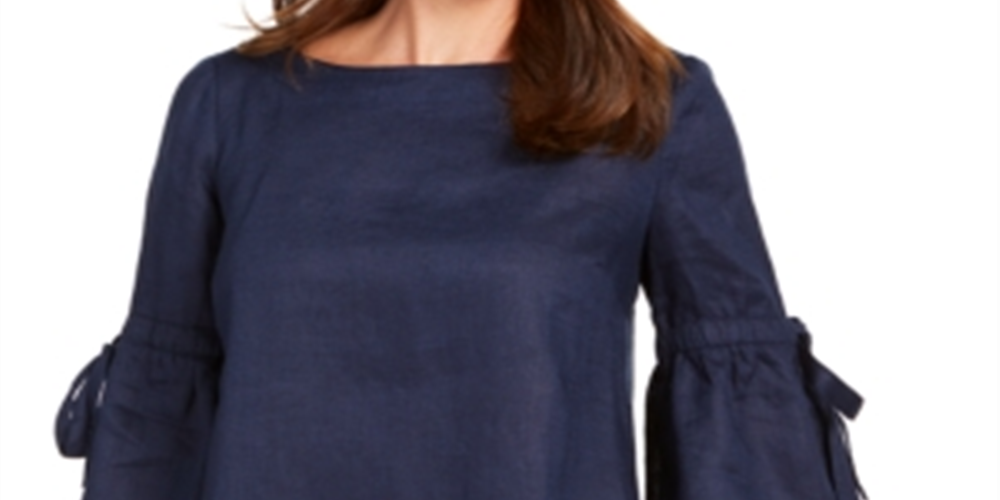 Charter Club Women's Linen Lantern Sleeve Top Blue Size Petite Small