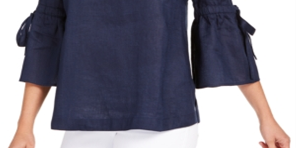 Charter Club Women's Linen Lantern Sleeve Top Blue Size Petite Small