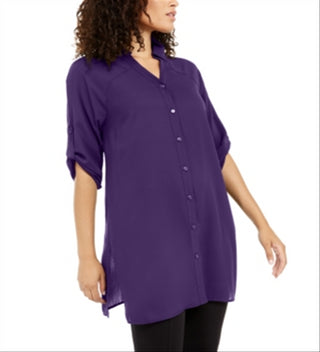 Alfani Women's Imperial Tunic Button up Shirt Dark Blue Size Large