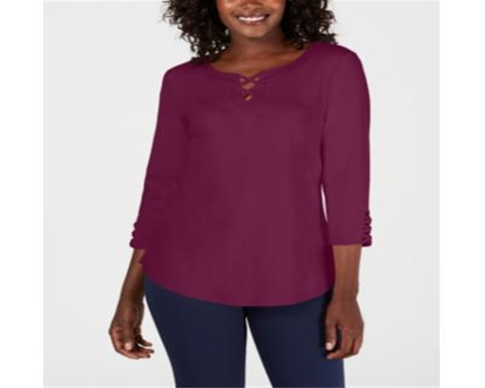 Karen Scott Women's Cotton Crisscross Trim Top Purple Size S