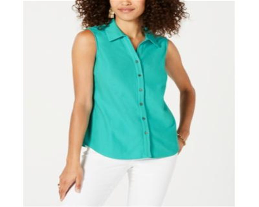 Charter Club Women's Turquoise Sleeveless Button up Top Blue Size 8 Petite