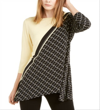 Alfani Women's Color Block 3/4 Sleeve Jewel Neck Top Yellow Size X-Large