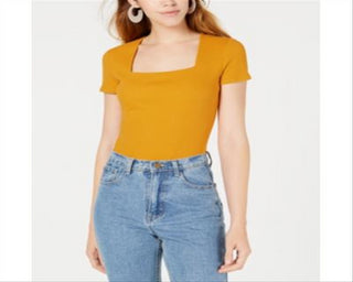 Bar III Women's Square Neck Bodysuit Yellow Size X-Large