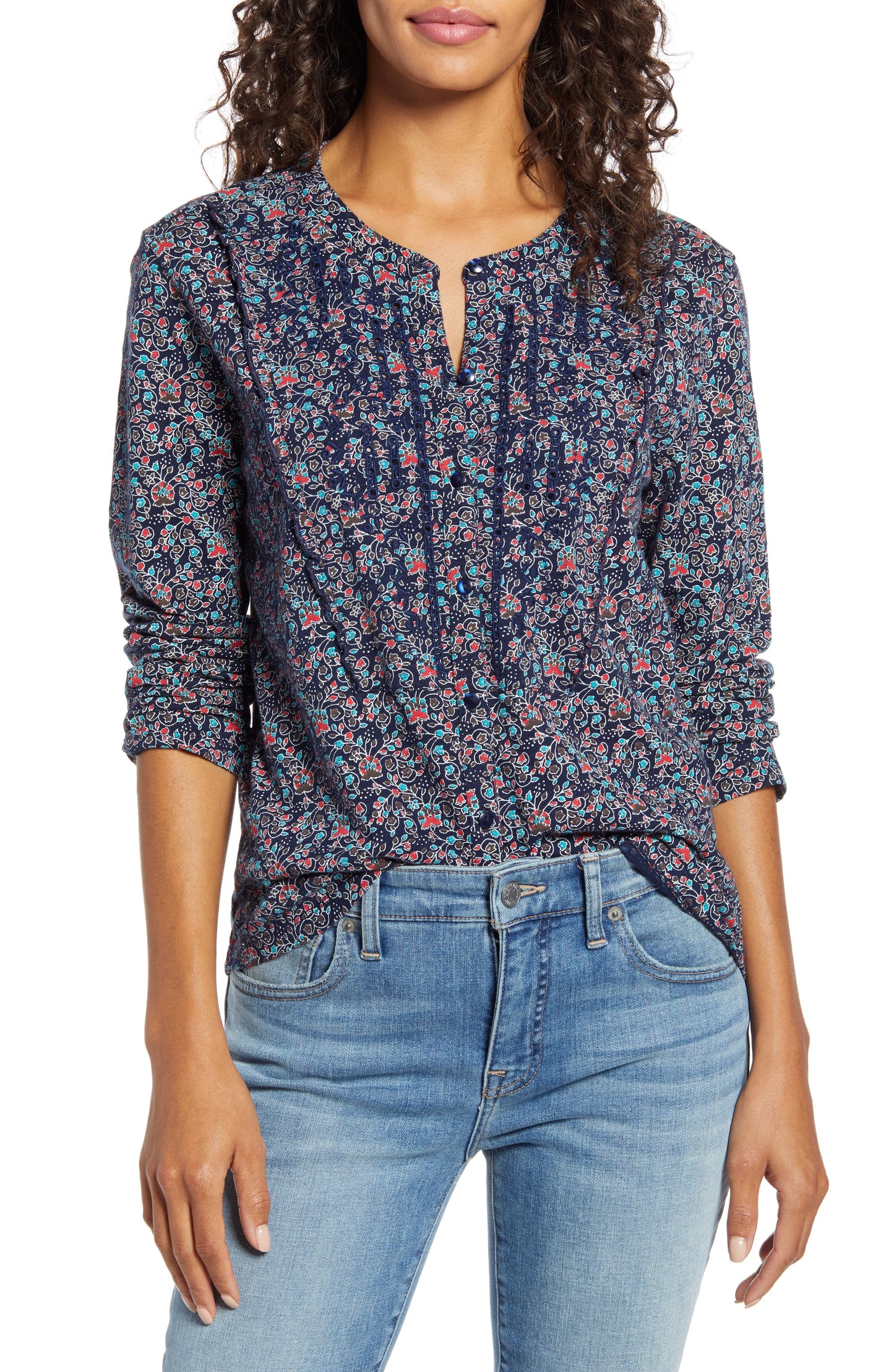 Lucky Brand Women's Floral Long Sleeve Collared Tunic Top Blue Size Large