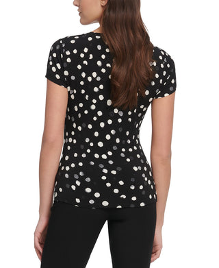 DKNY Women's Dot Print Side Knot Top Black Size Large