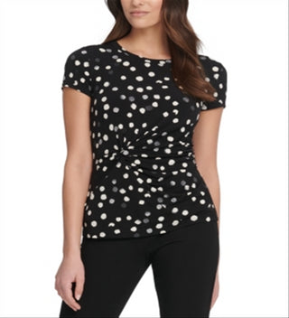 DKNY Women's Dot Print Side Knot Top Black Size Large