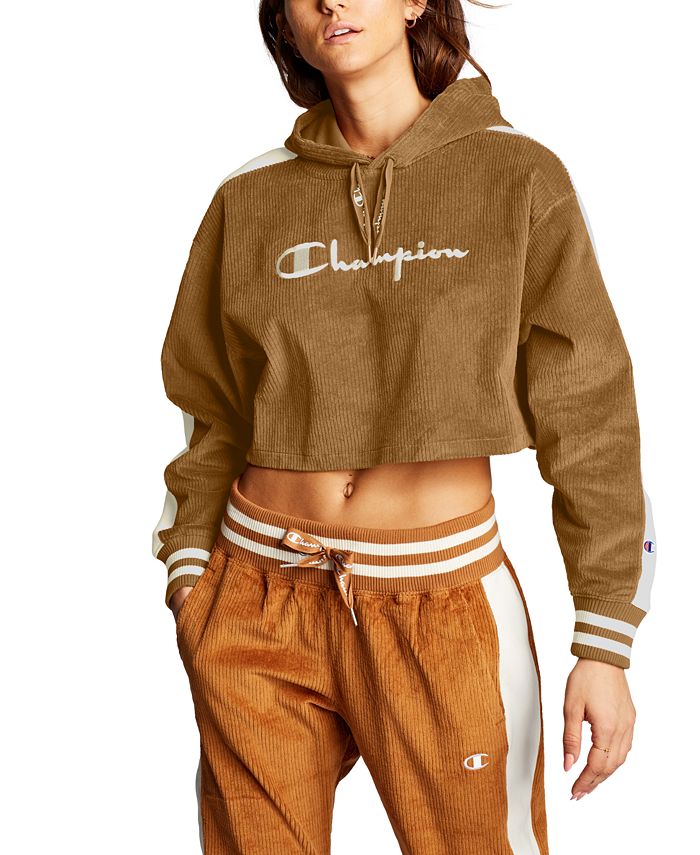 Champion Women's Corduroy Cropped Hoodie Brown Size Large