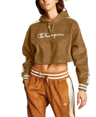 Champion Women's Corduroy Cropped Hoodie Brown Size Large
