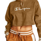 Champion Women's Corduroy Cropped Hoodie Brown Size Large