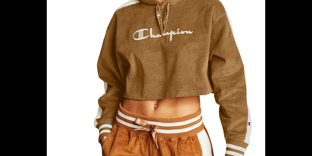 Champion Women's Corduroy Cropped Hoodie Brown Size Large