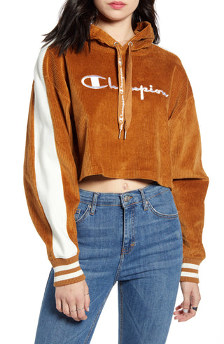 Champion Women's Corduroy Cropped Hoodie Brown Size Large