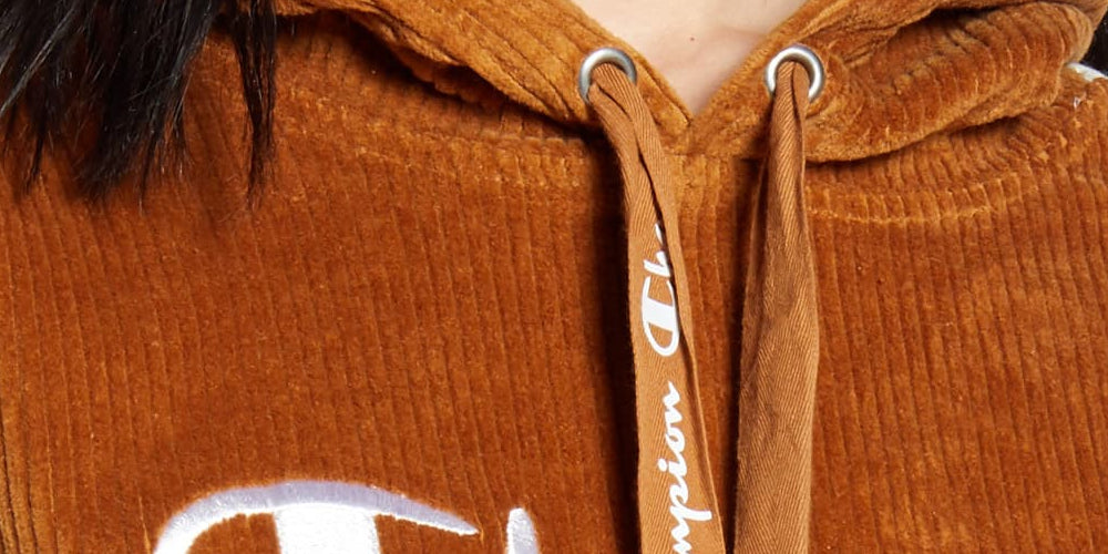 Champion Women's Corduroy Cropped Hoodie Brown Size Large