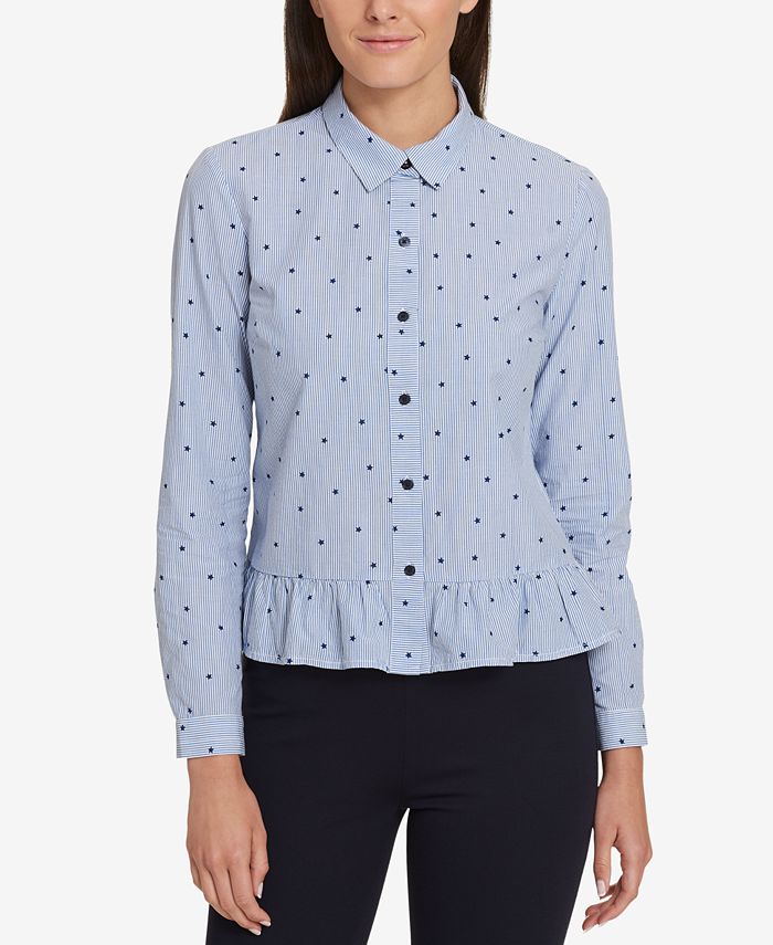 Tommy Hilfiger Women's Peplum Long Sleeves Blouse Blue Size L