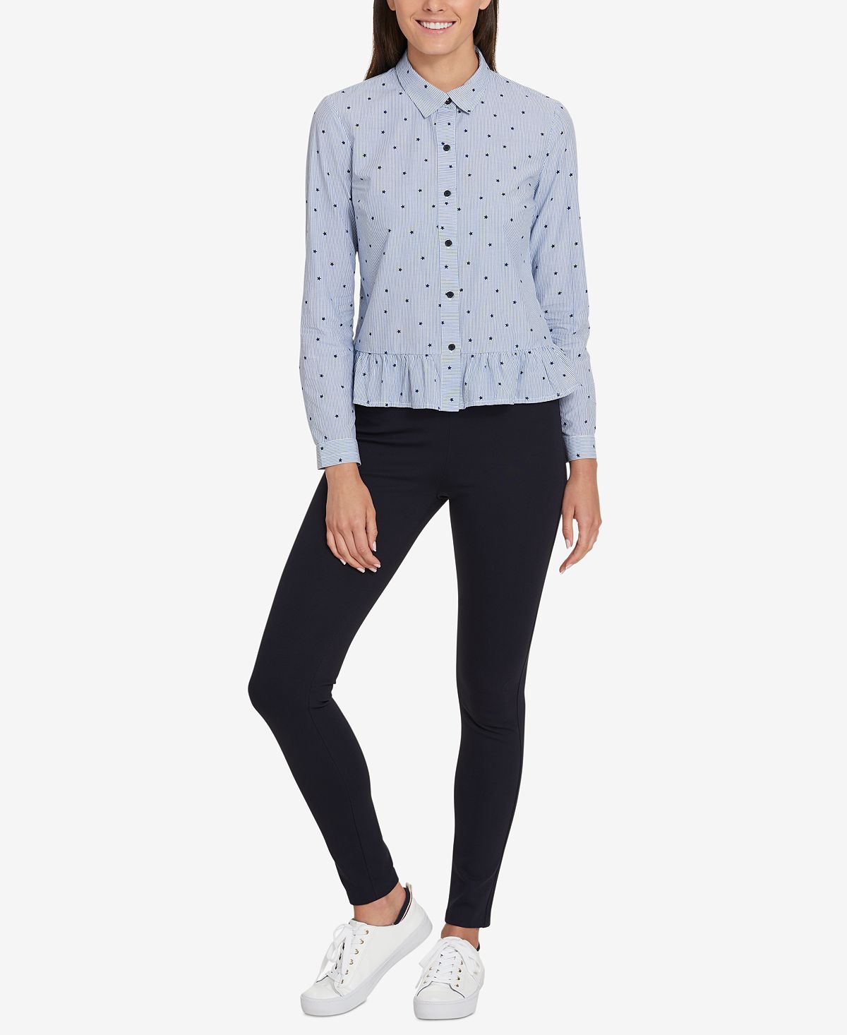Tommy Hilfiger Women's Peplum Long Sleeves Blouse Blue Size L