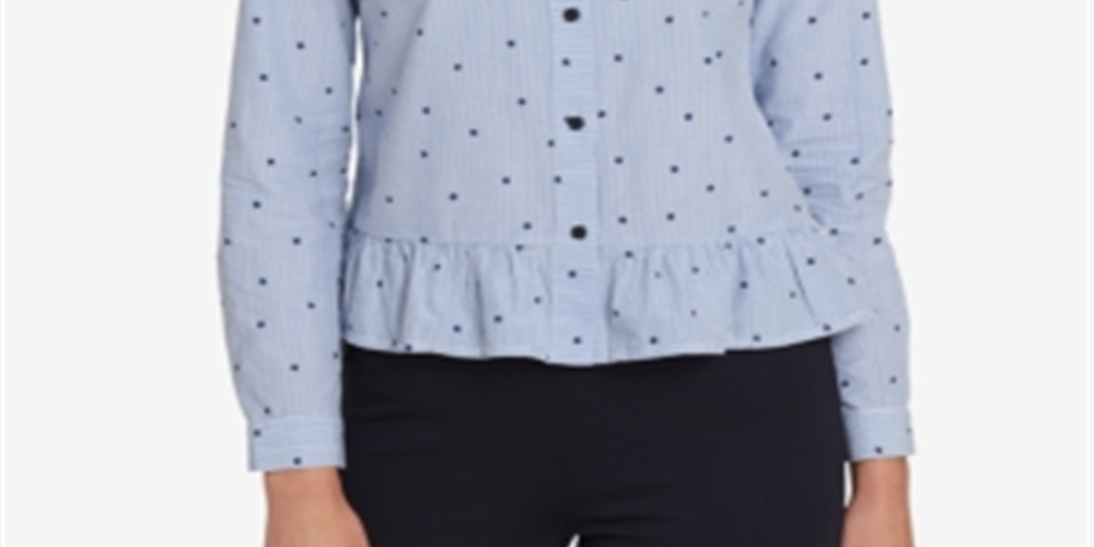 Tommy Hilfiger Women's Peplum Long Sleeves Blouse Blue Size L