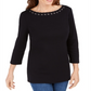 Karen Scott Women's Cotton Boat Neck Grommet Trim Top Black Size Petite Medium