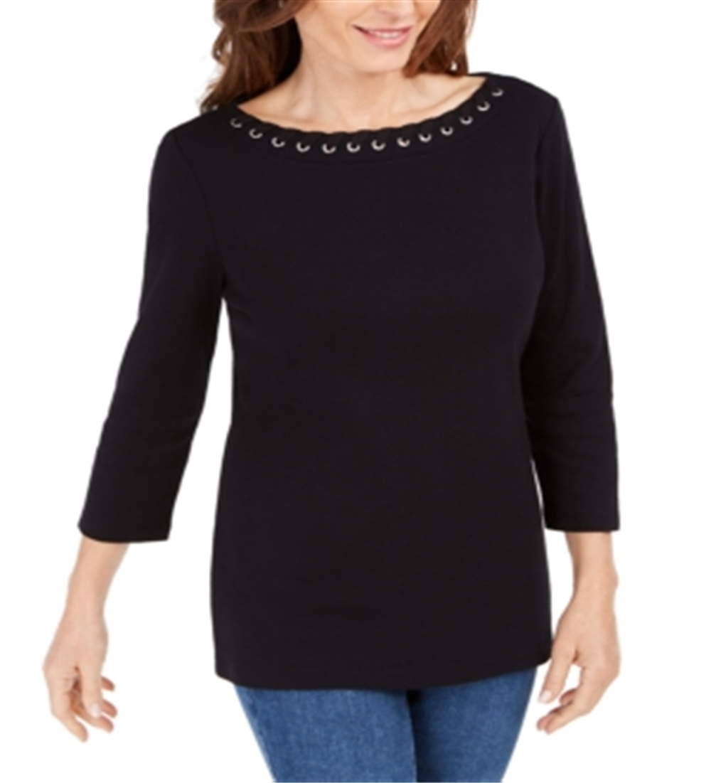 Karen Scott Women's Cotton Boat Neck Grommet Trim Top Black Size Petite Medium